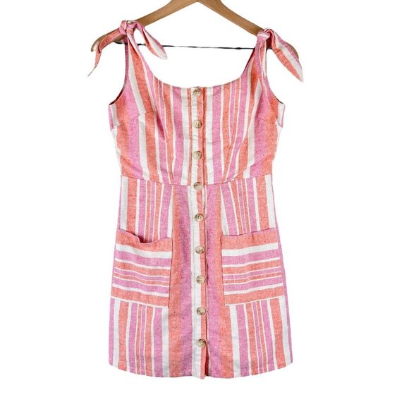 BNDI Pink Striped Linen Blend Button Front Tie Strap Mini Dress - Picture 1 of 5